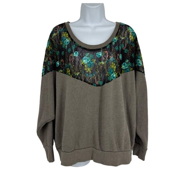 Free People Floral Lace Boat Neck Oversized Long Sleeves Sweatshirt Size L - Picture 1 of 8